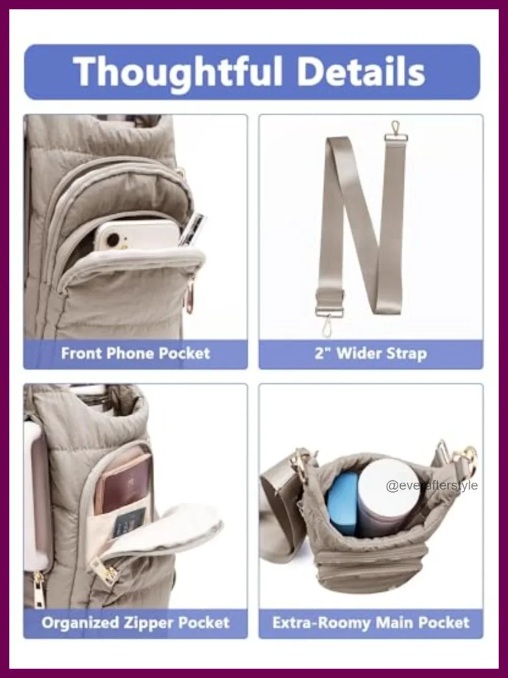Quilted Water Bottle Sling Bag, Crossbody Carrier w/ Strap, RFID Pocket for